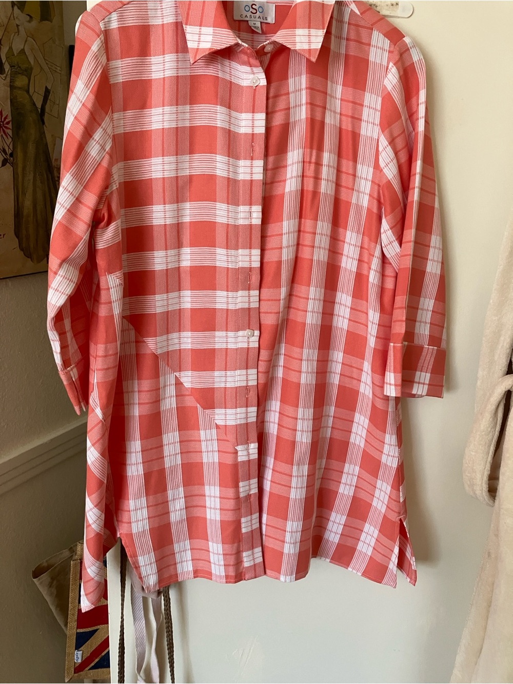 OSO Casuals Coral & White Plaid Button-Down Tunic